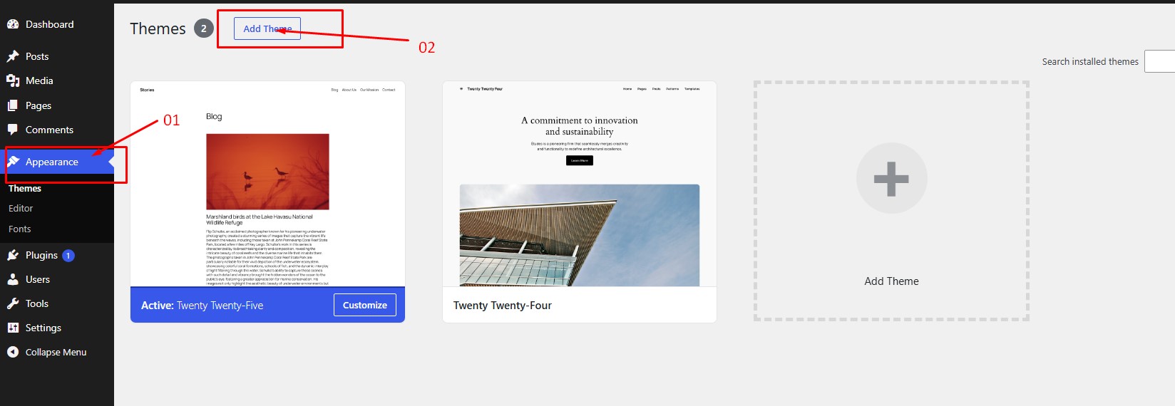 Appearance → Themes → Add New